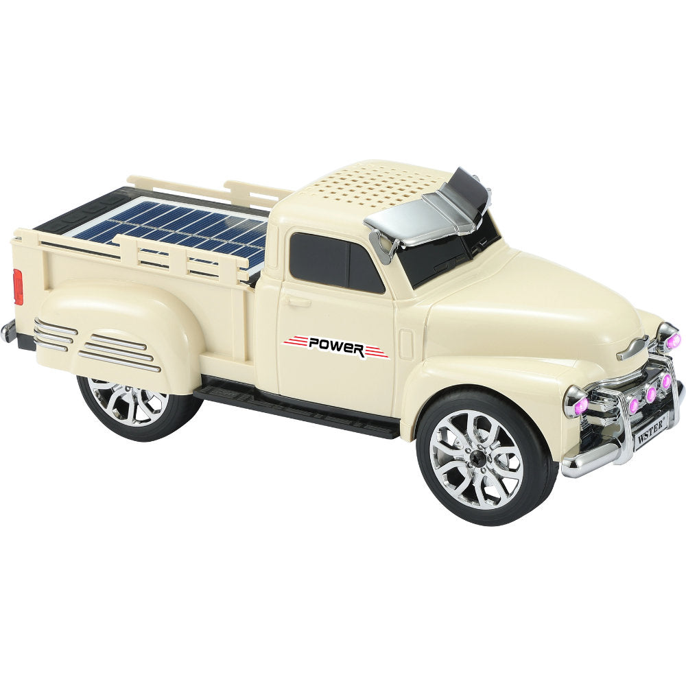 Beige off-road truck Bluetooth speaker with solar charging, LED headlights & moving wheels, WSTER WS-695.