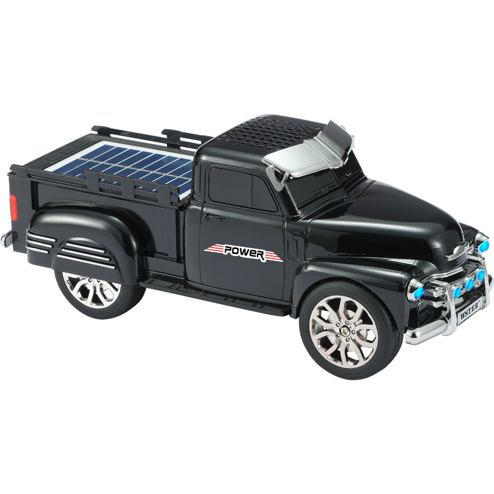 Black off-road truck Bluetooth speaker with solar charging, LED headlights & moving wheels, WSTER WS-695.