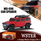 Boxy SUV Bluetooth speaker with solar charging, LED lights and FM radio, WSTER WS-696 desk setup accessory.
