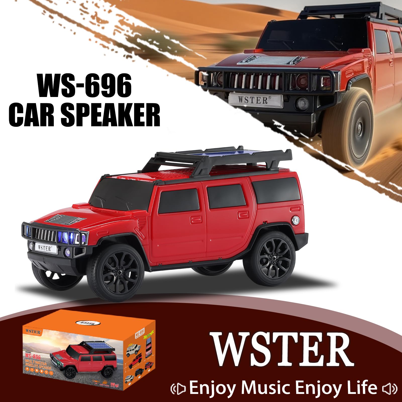 Boxy SUV Bluetooth speaker with solar charging, LED lights and FM radio, WSTER WS-696 desk setup accessory.