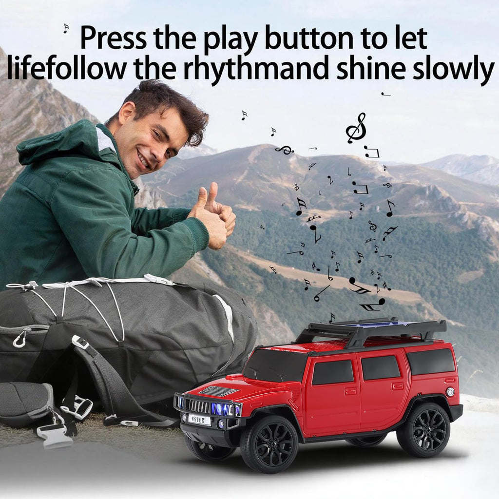 Boxy SUV Bluetooth speaker with solar charging, LED lights and FM radio, WSTER WS-696 desk setup accessory.
