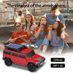 Boxy SUV Bluetooth speaker with solar charging, LED lights and FM radio, WSTER WS-696 desk setup accessory.