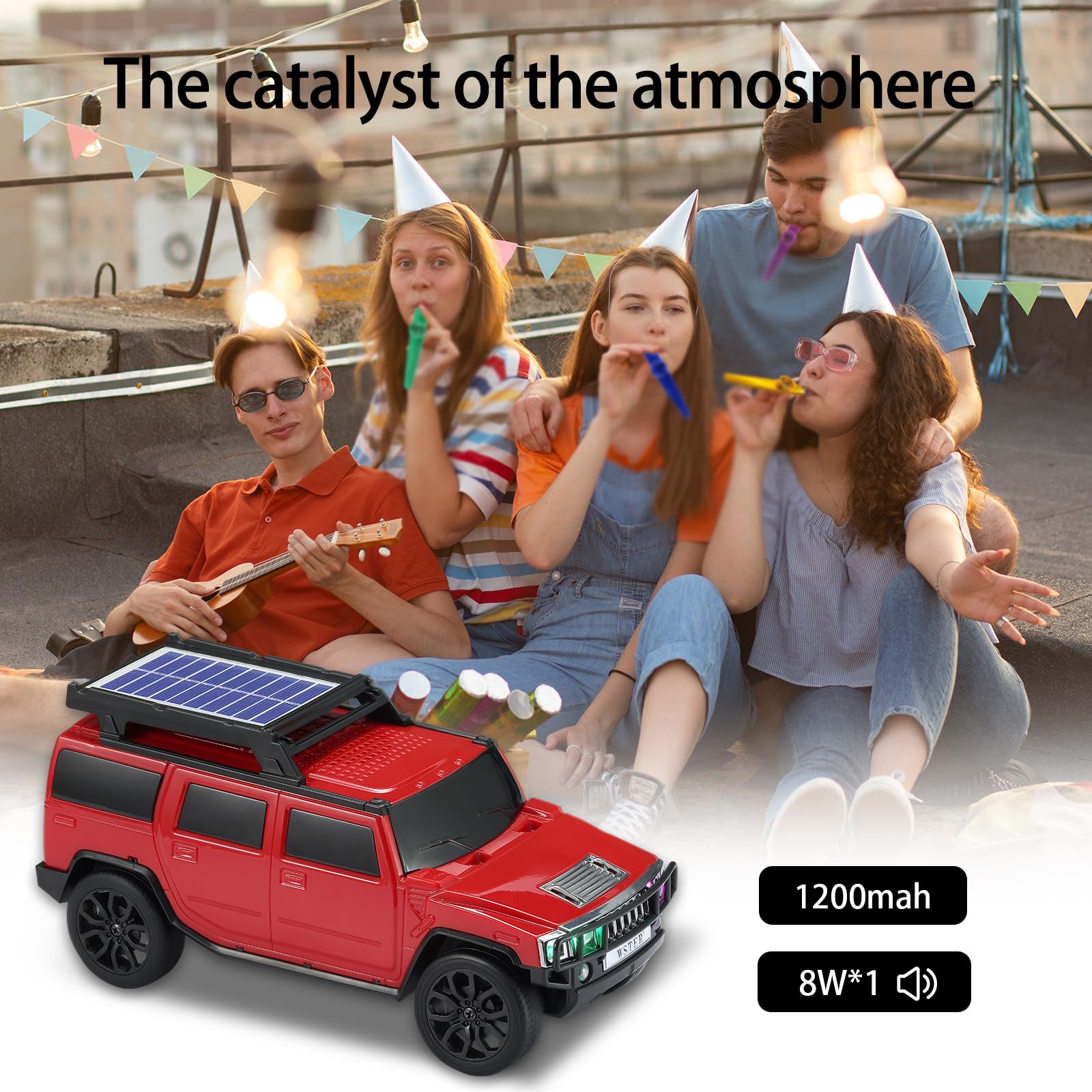 Boxy SUV Bluetooth speaker with solar charging, LED lights and FM radio, WSTER WS-696 desk setup accessory.