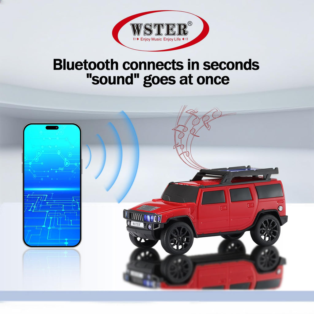 Boxy SUV Bluetooth speaker with solar charging, LED lights and FM radio, WSTER WS-696, desk setup accessory.