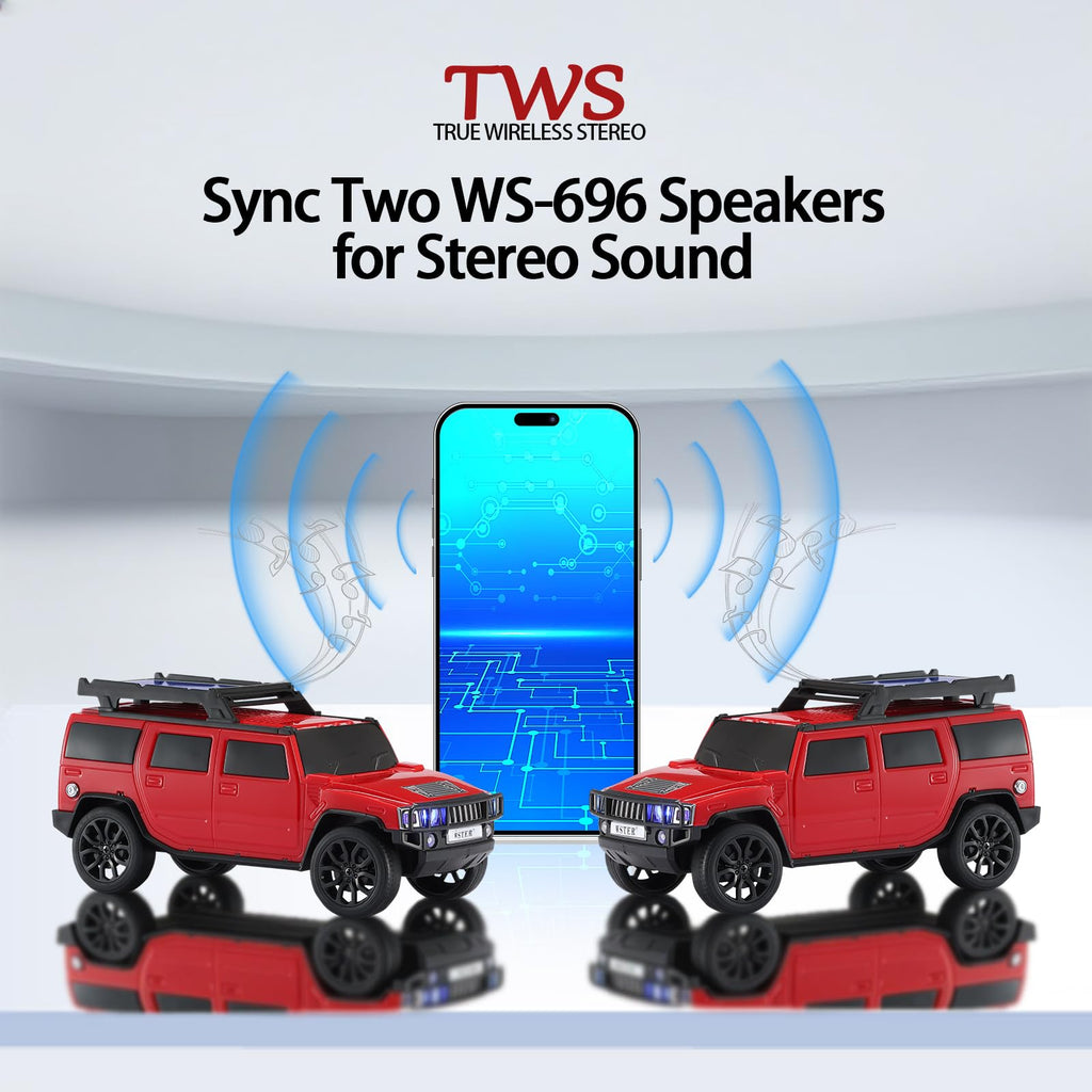 Boxy SUV Bluetooth speaker with solar charging, LED lights and FM radio, WSTER WS-696 desk setup accessory.