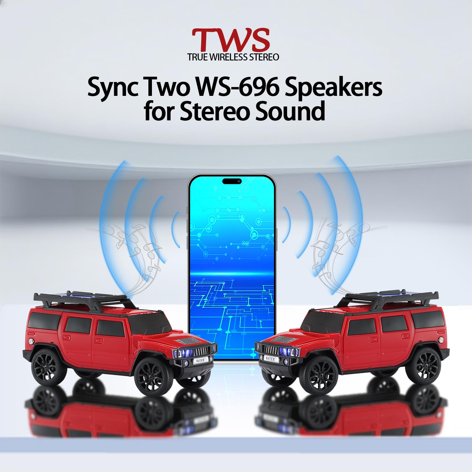 Boxy SUV Bluetooth speaker with solar charging, LED lights and FM radio, WSTER WS-696 desk setup accessory.
