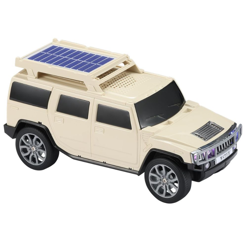 Beige boxy SUV Bluetooth speaker with solar charging and LED lights, WSTER WS-696, desk setup accessory.