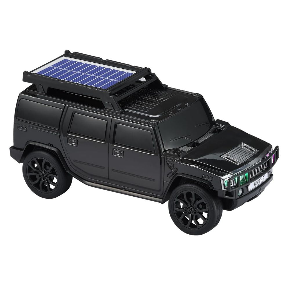 Black boxy SUV Bluetooth speaker with solar charging and LED lights, WSTER WS-696, desk setup car lover gift.