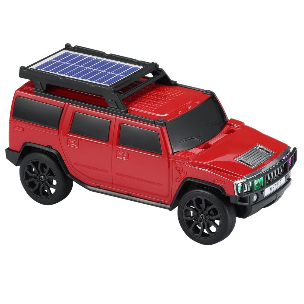Red boxy SUV Bluetooth speaker with solar charging, LED lights and FM radio, WSTER WS-696 desk decor.