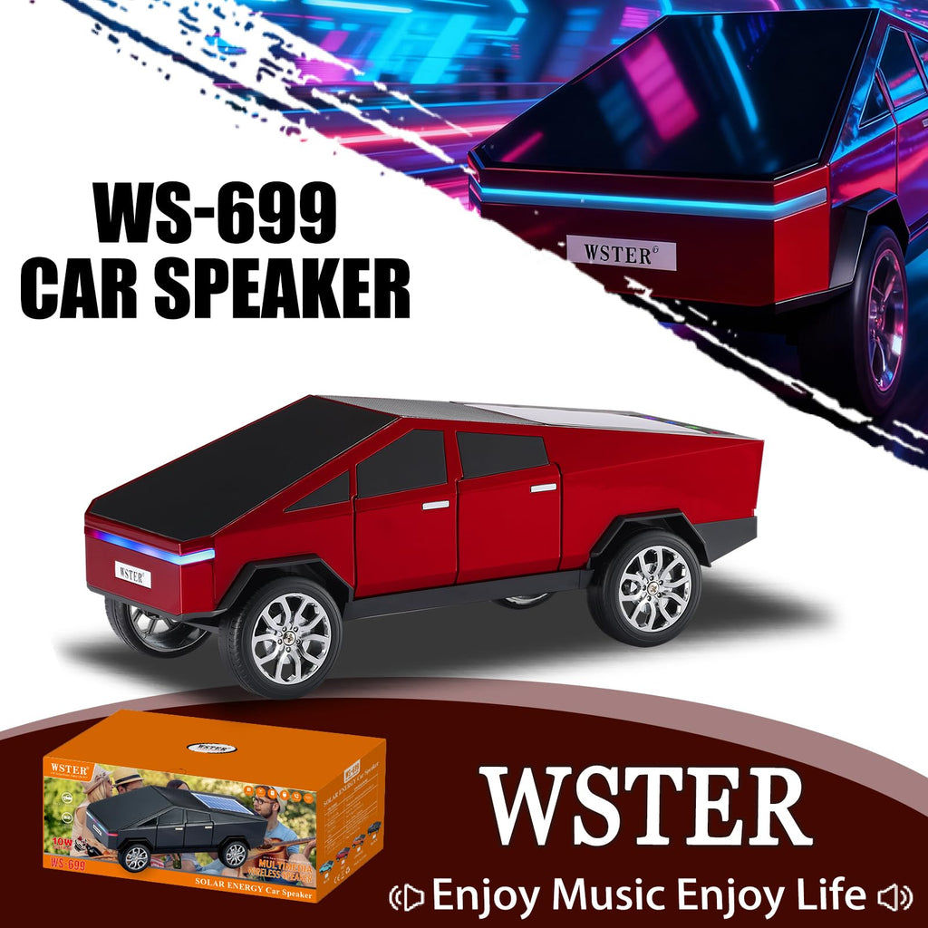 Futuristic Cybercar Bluetooth speaker with solar charging, LED lights and FM radio, WSTER WS-699 desk decor.