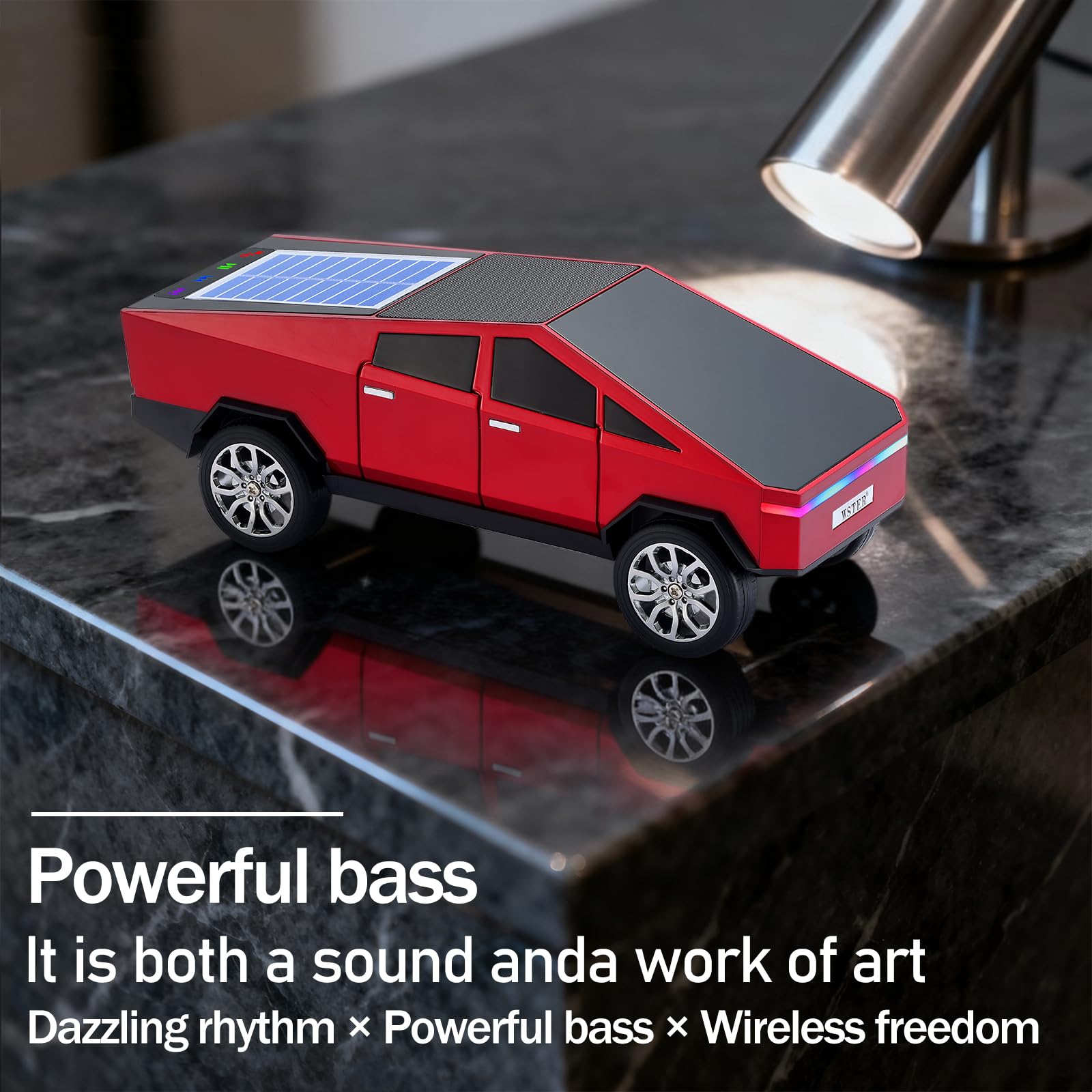 Silver cybercar Bluetooth speaker with solar charging and LED lights, WSTER WS-699, futuristic desk setup accessory.