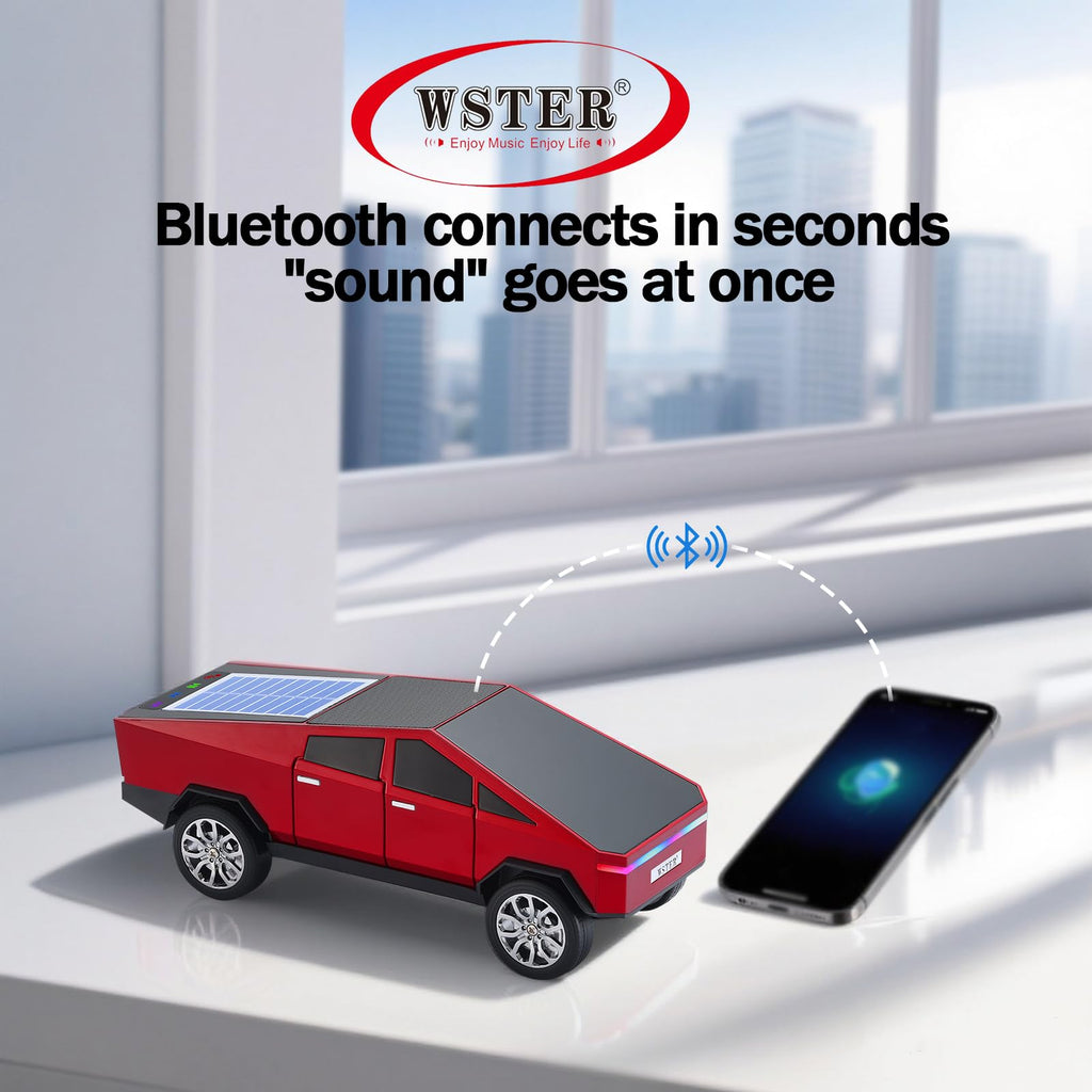 Cybertruck-style futuristic car Bluetooth speaker with solar charging and LED lights, WSTER WS-699, desk decor.