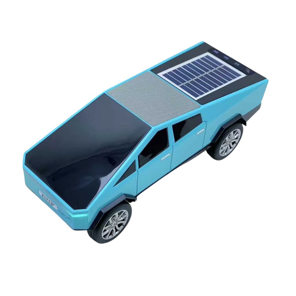 Blue cybercar-style Bluetooth speaker with solar charging, LED lights and FM radio, WSTER WS-699 desk decor.