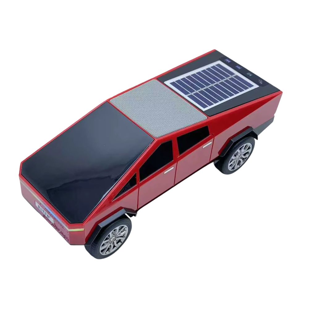 Red cybercar Bluetooth speaker with solar charging and LED lights, WSTER WS-699, desk setup accessory.