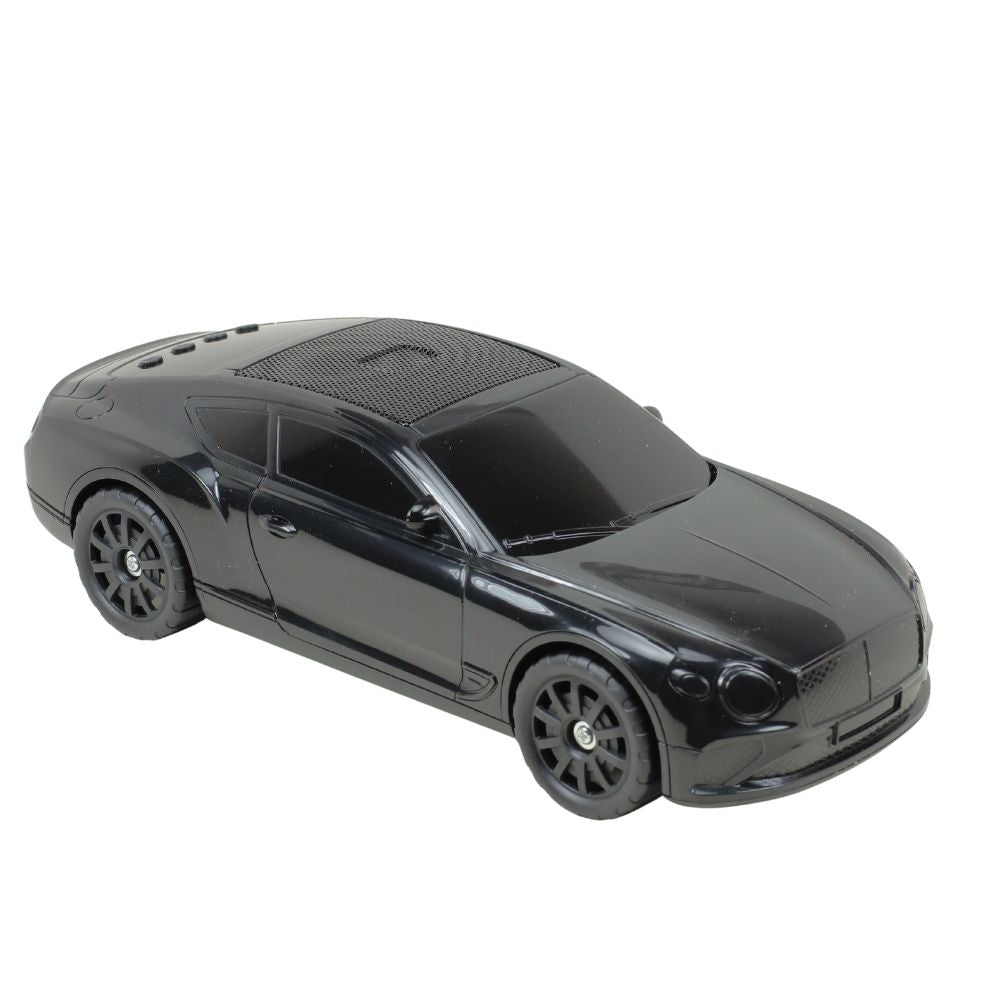Black luxury grand tourer car Bluetooth speaker, X-701 solar powered, hi-fi portable wireless audio desk decor.