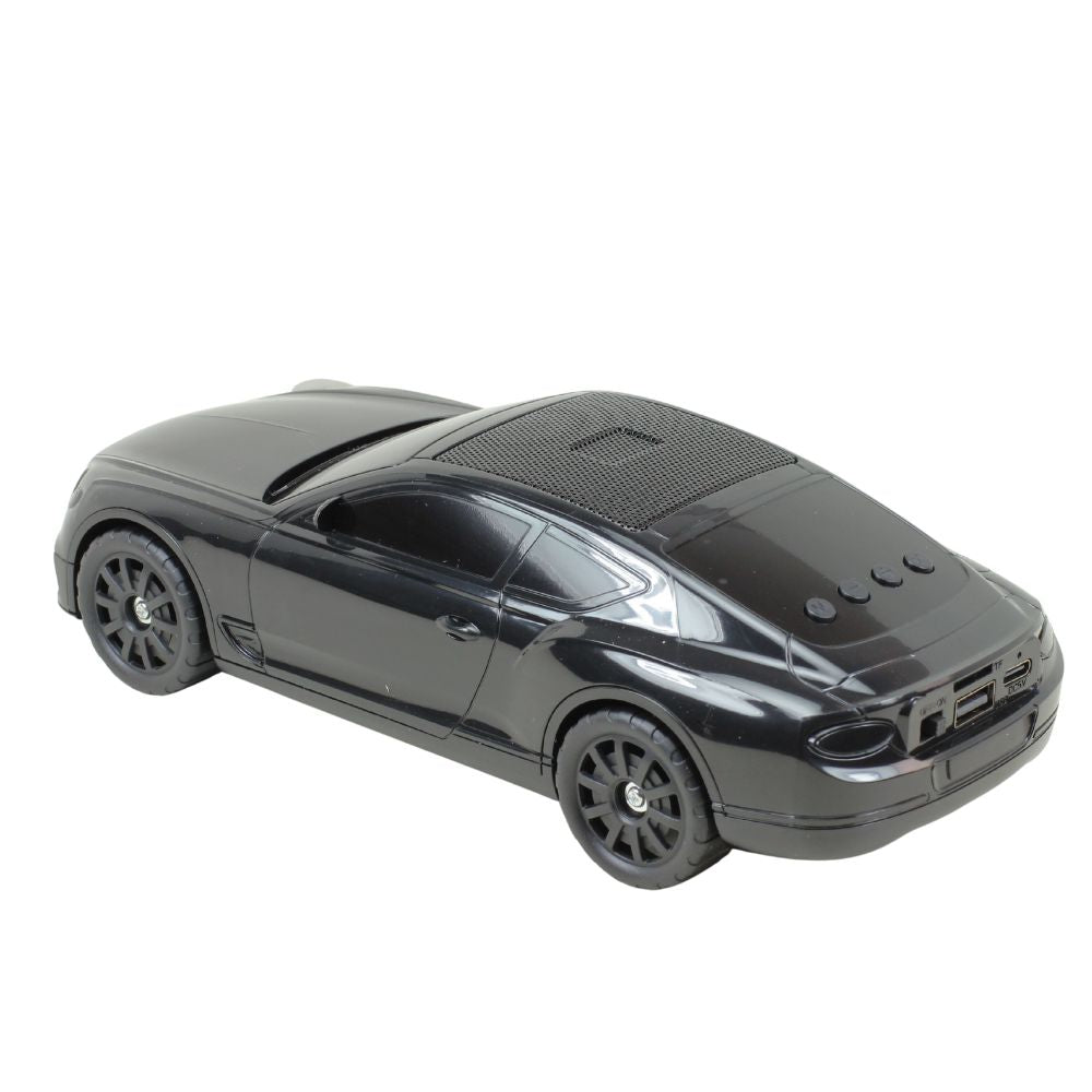 Black luxury grand tourer car Bluetooth speaker X-701, solar powered portable wireless audio desk setup accessory.