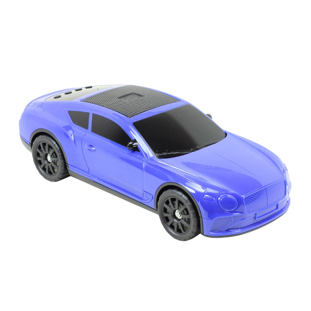 Blue luxury grand tourer car Bluetooth speaker, X-701 solar powered, hi-fi portable wireless audio desk decor.