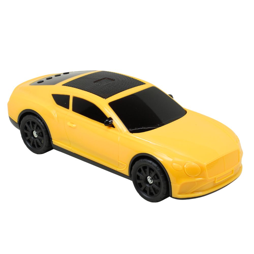 Gold luxury grand tourer car Bluetooth speaker X-701, solar powered portable wireless audio for desk setup decor.