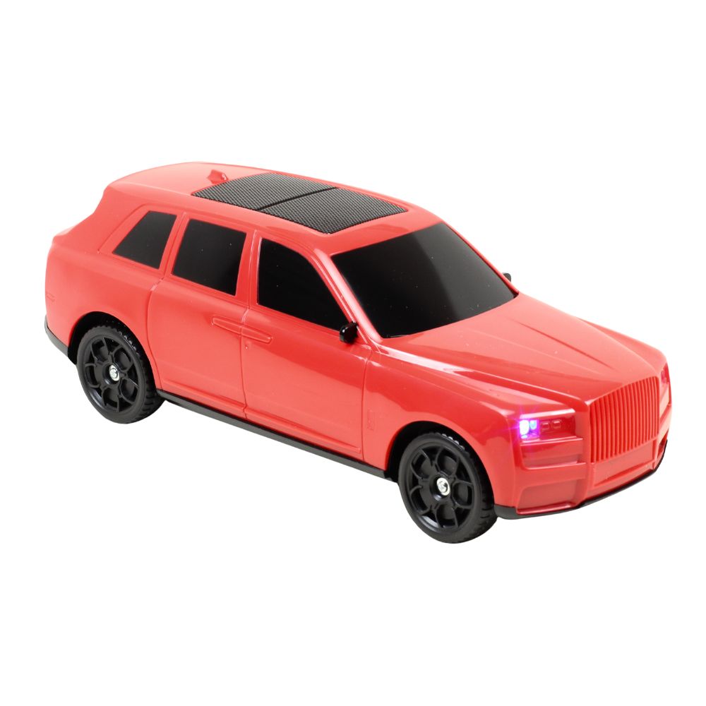 Red luxury SUV style portable Bluetooth speaker, X-702, desk setup accessory and man cave decor gift.