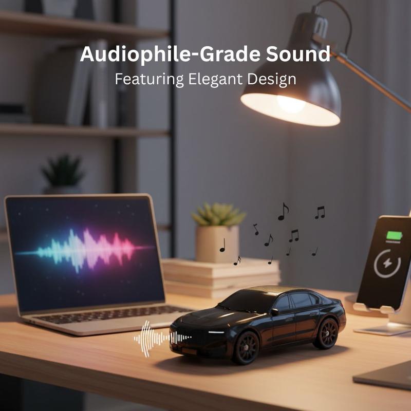 Solar-powered X-703 sport car Bluetooth speaker, portable wireless audio desk setup accessory for car guys.