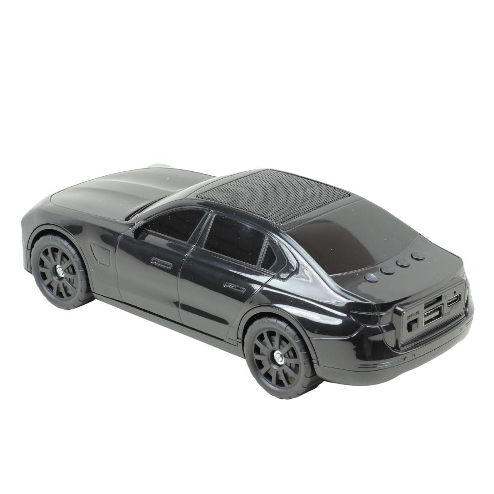 Black X-703 sport car Bluetooth speaker, solar powered portable wireless audio for desk setup and car guy gift.