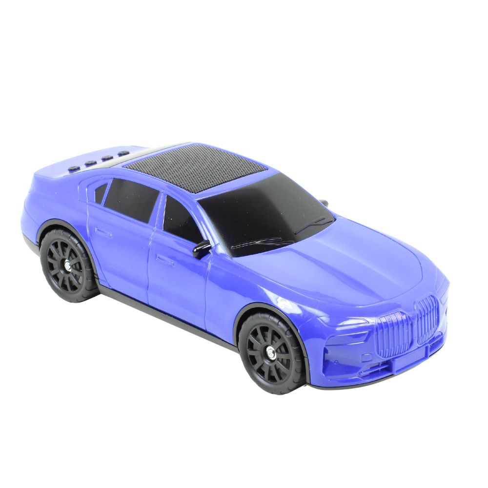 Blue sport car Bluetooth speaker, X-703 solar powered, portable wireless audio desk setup accessory.