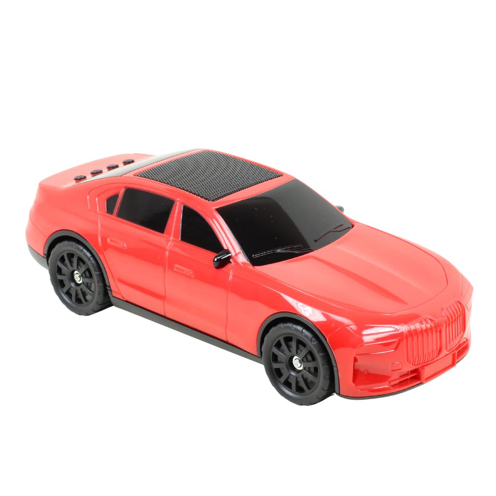 Red sport car design Bluetooth speaker, X-703 solar powered, portable wireless audio desk setup accessory.