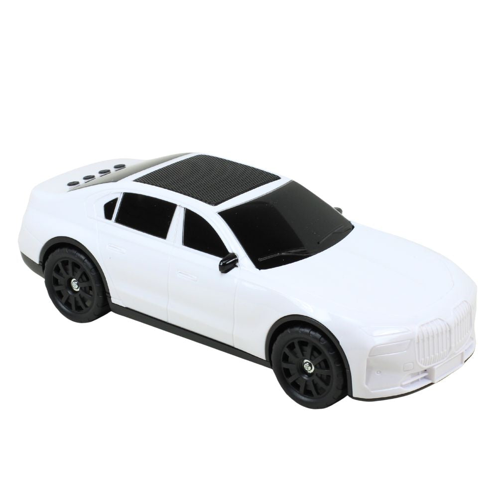 White sport car Bluetooth speaker, X-703 solar powered, portable wireless audio desk setup accessory.